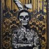 Acrylic painting titled "La Santa Muerte" by Riccardo Lopez, featuring a stylized skeletal figure in a bunny costume, set against an ornate patterned background.