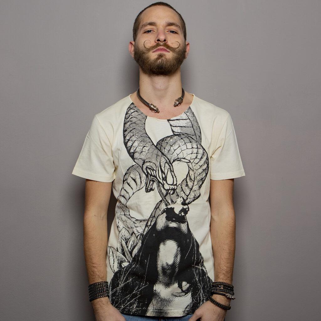 T-shirt with a sophisticated artistic design depicting the serpent of original sin.