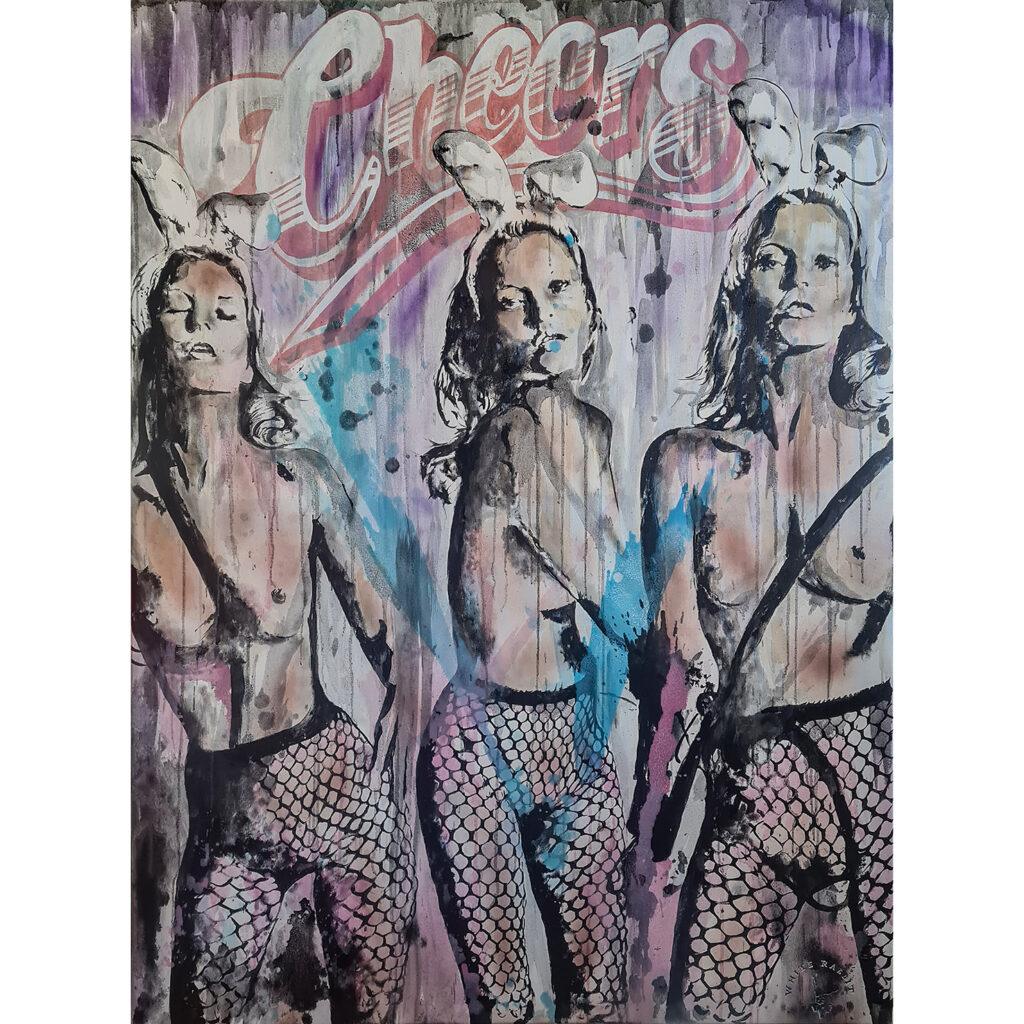 A painting featuring three portraits of the same woman, inspired by Kate Moss. Each figure wears fishnet stockings, bunny ears, and poses confidently against a vibrant background. The word "Cheers" is prominently displayed in stylized letters above them, with splashes of color and drips of paint adding to the abstract, urban style.