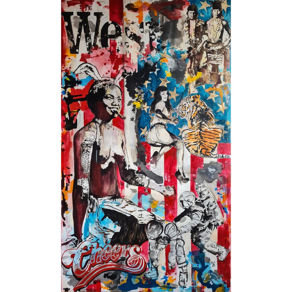 A vibrant and chaotic collage-style painting titled "West - an Human Tale - part 1" by Riccardo Lopez (White Rabbit). It depicts various figures and elements layered over a background of red and white stripes and a blue field with golden stars, reminiscent of the American flag. Central to the composition is a confident, cigar-smoking figure wearing bunny ears, alongside other symbolic imagery, including a tiger, vintage pin-up girls, astronauts, and bold graffiti-style text reading "Cheers." The painting's colors are bold and energetic, combining splashes of red, blue, orange, and yellow with stark black and white contrasts.