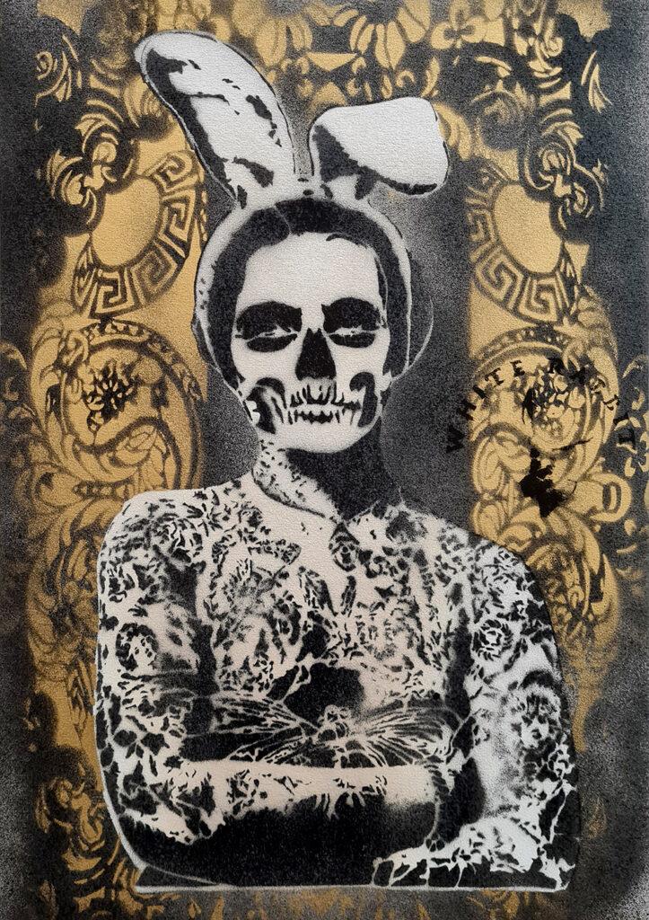 Santa muerte figure in a black skull pattern, framed by black and gold baroque designs.