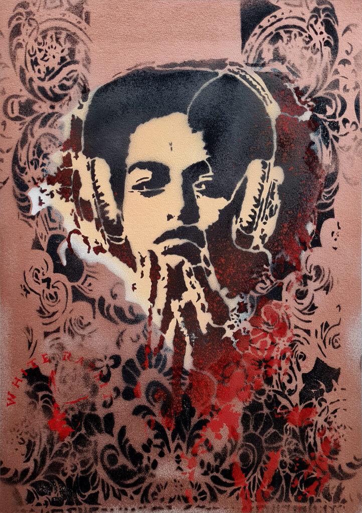 A woman with headphones framed by golden baroque patterns.