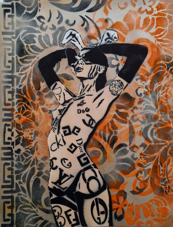 A hand-painted poster by White Rabbit featuring the "Bunny Revolution" figure against a beige and orange floral background with a decorative border.