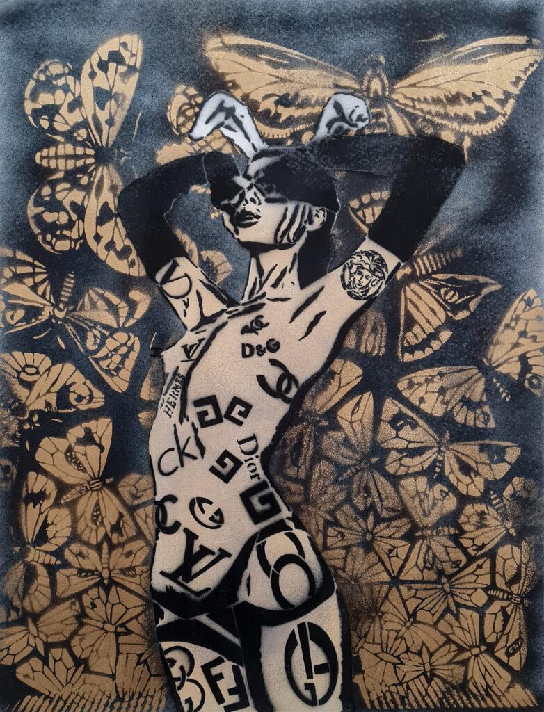 A hand-painted poster by White Rabbit featuring the "Bunny Revolution" figure against a dark floral and moth-patterned background.