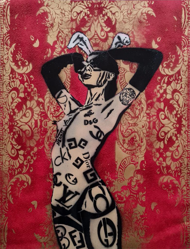 A hand-painted poster by White Rabbit featuring the "Bunny Revolution" figure against a deep red and gold baroque-style background.