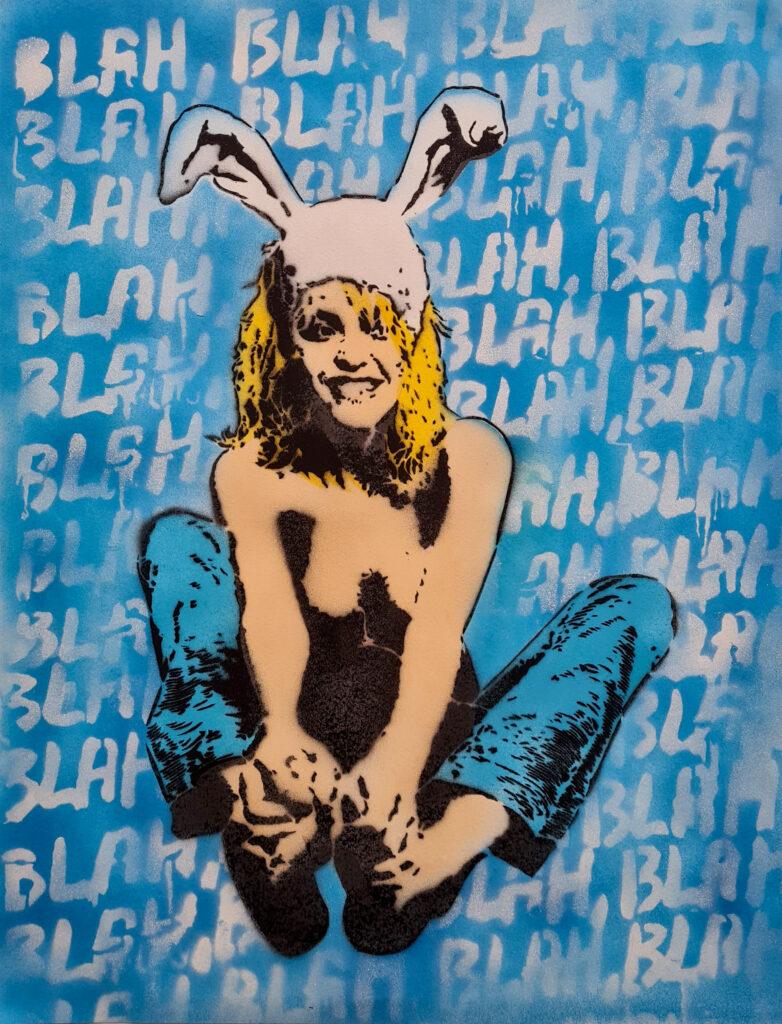 A hand-painted poster by White Rabbit featuring the "Bunny Flying" character sitting against a bright blue background covered in repetitive "BLAH BLAH BLAH" text.