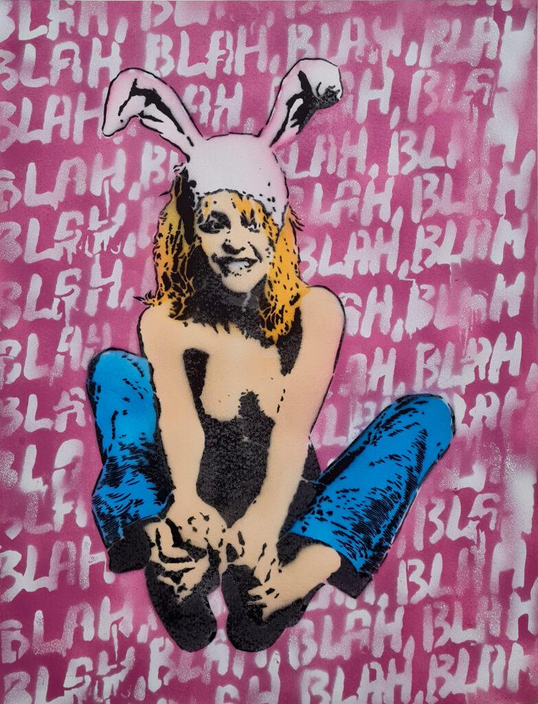 A hand-painted poster by White Rabbit featuring a playful girl with a bunny hat, sitting cross-legged with a mischievous smile, against a vibrant pink background covered in repetitive "BLAH BLAH BLAH" text.