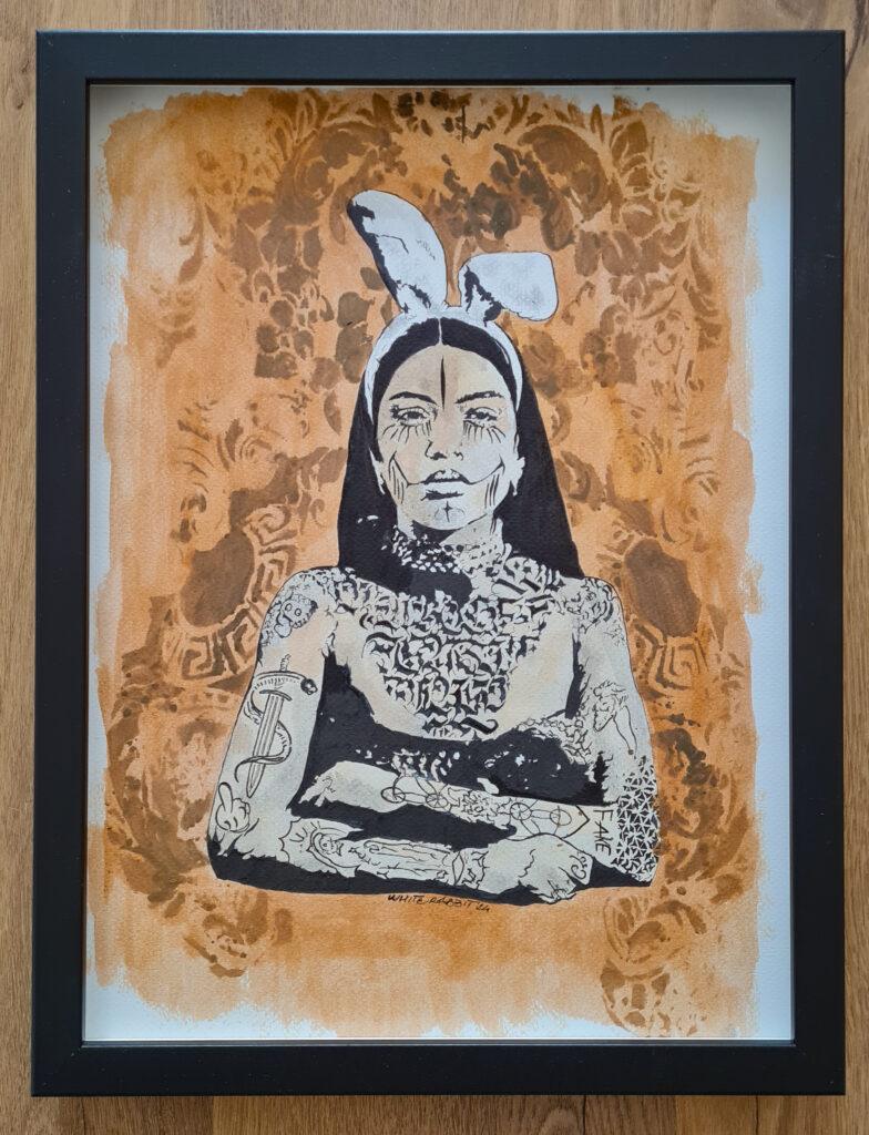 Portrait of a Native figure with tattooed arms and chest, wearing bunny ears, against an ochre and light-blue stenciled background.