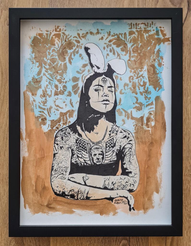 Tomorrow's People Tattooed female figure in bunny ears, posed calmly with crossed arms, set against a faded sky-blue and rust-colored stenciled backdrop.