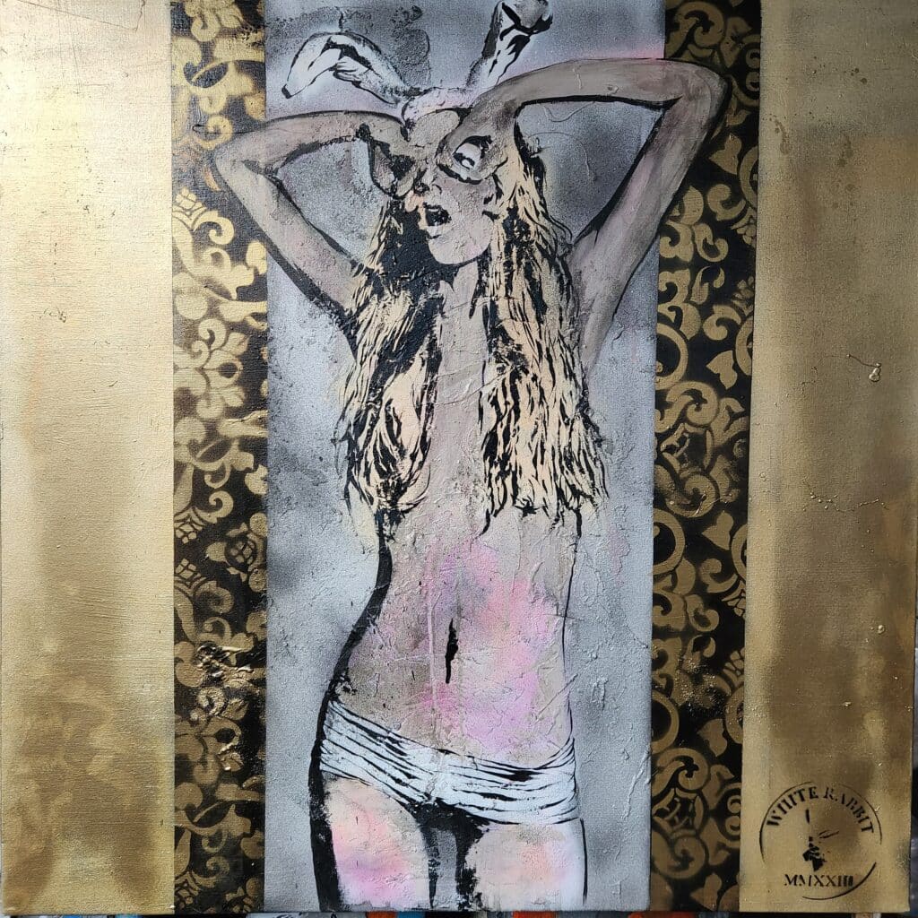 Original acrylic painting Look Up Golden Age 2022 depicting a female figure with gold textured background on canvas 80x80 cm