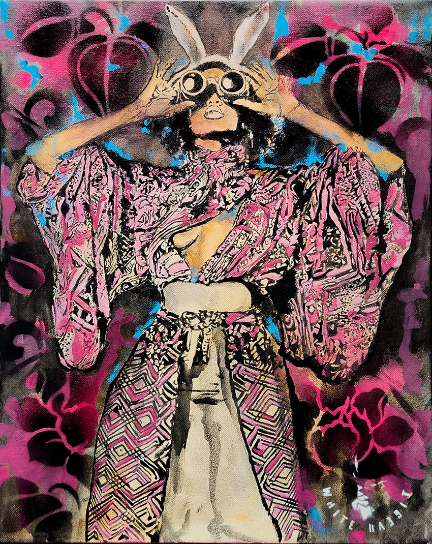 Colorful acrylic painting of a woman with rabbit ears and round goggles wearing a pink patterned garment against a background of large abstract floral shapes.